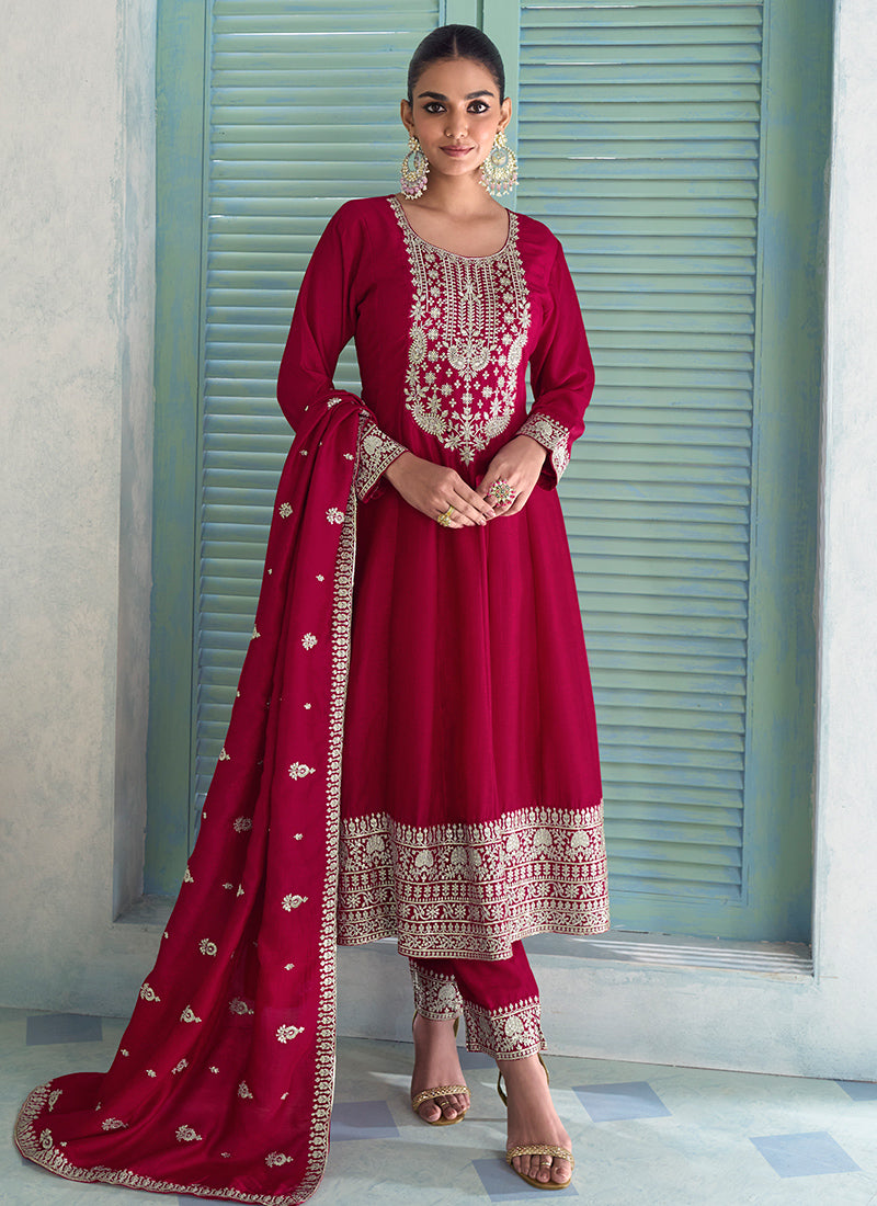 Silk Red Wedding Wear Embroidery Work Readymade Anarkali Suit 385173