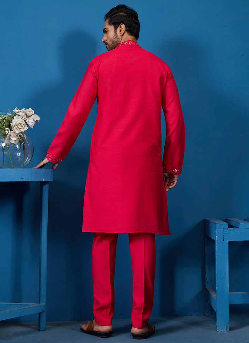 Viscose Silk Red Festive Wear Mirror Work Readymade Kurta Pajama 385852