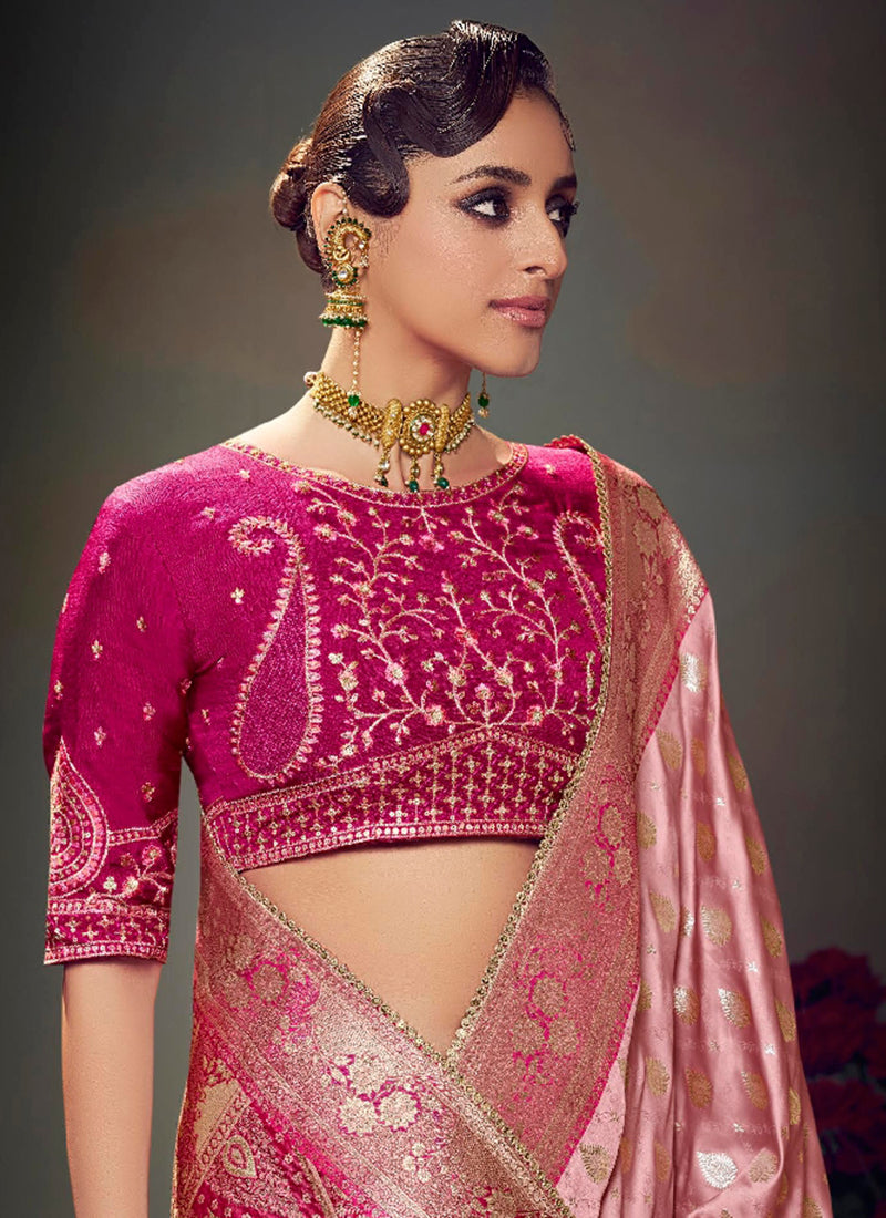 Fancy Fabric Rose Pink Wedding Wear Embroidery Work Saree 385866