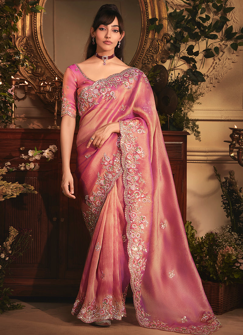 Tissue Organza Rose Pink Saree with Sequin Work for Wedding Wear 383989