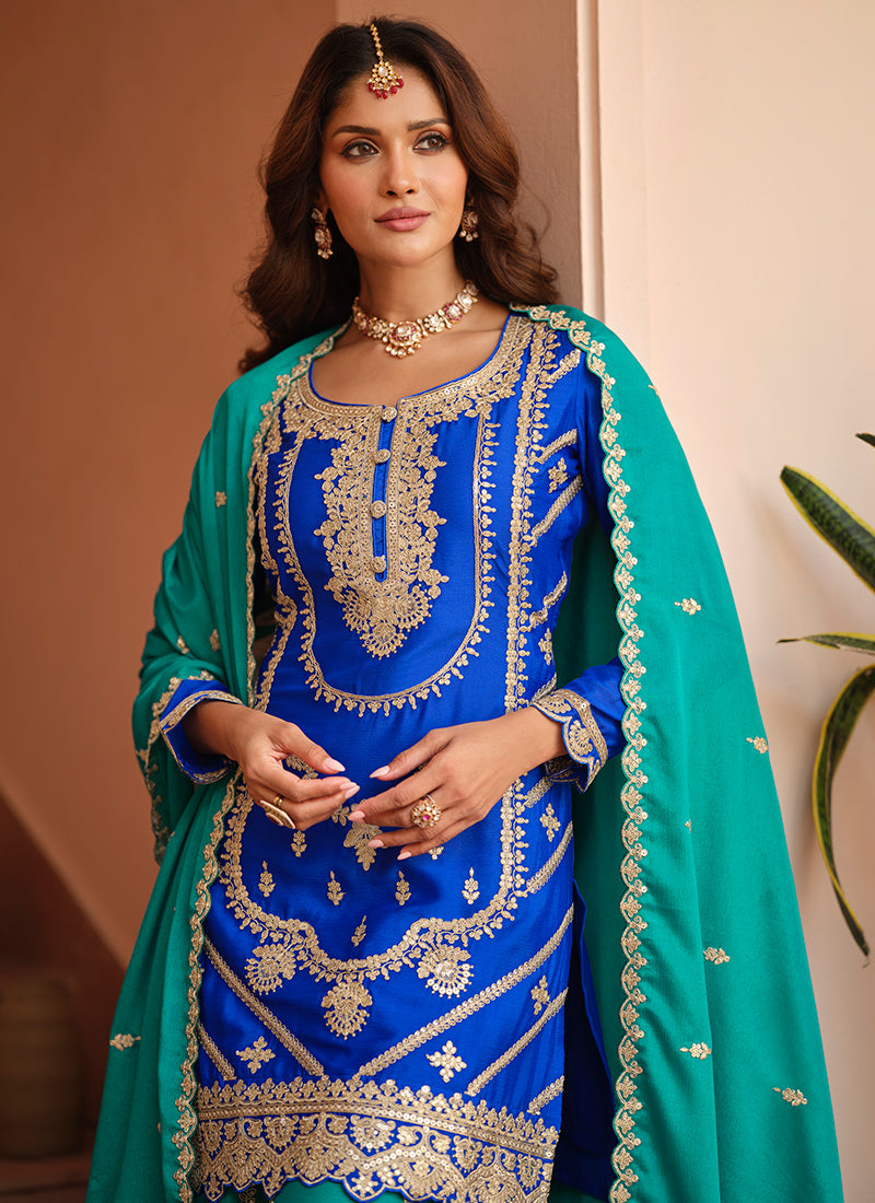 Royal Blue Chinon Silk Zari Embroidery Work Wedding Wear Readymade Plazzo Suit SW720131