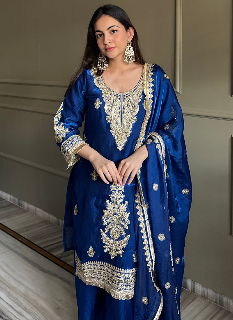 Royal Blue Fendy Satin Embroidery Work Occasional Wear Readymade Plazzo Suit SW869417