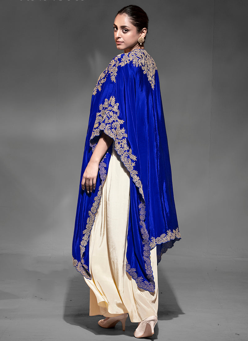 Premium Crepe Royal Blue Party Wear Embroidery Work Readymade Indowestern Suit 388086
