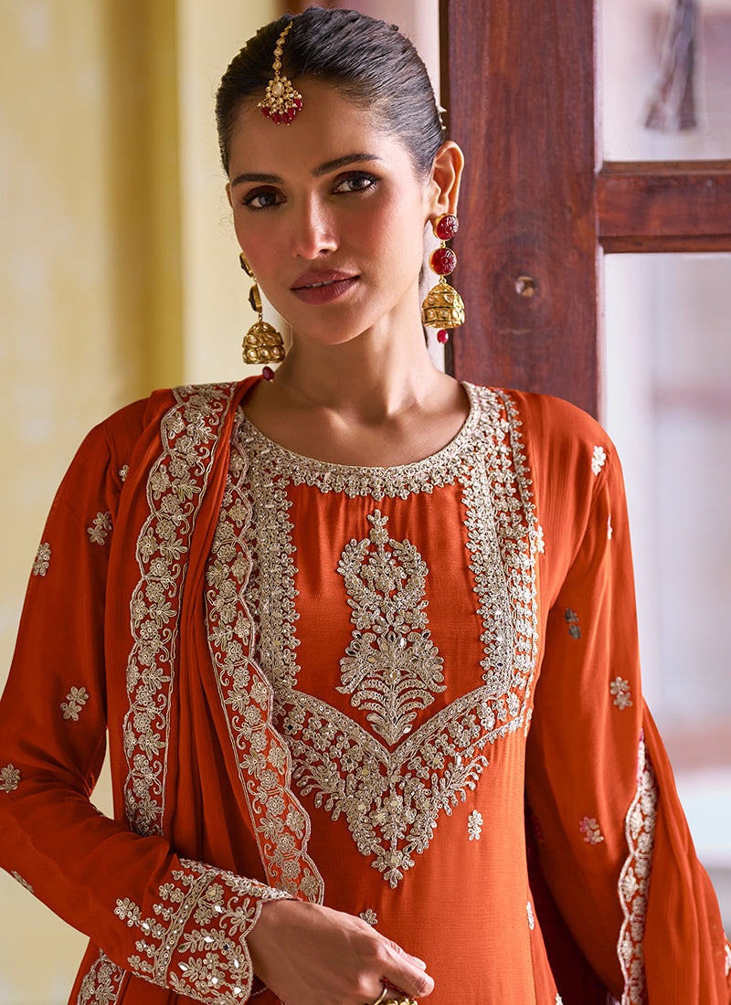 Rust Orange Chinon Embroidery Work Festival Wear Readymade Salwar Suit SW145932