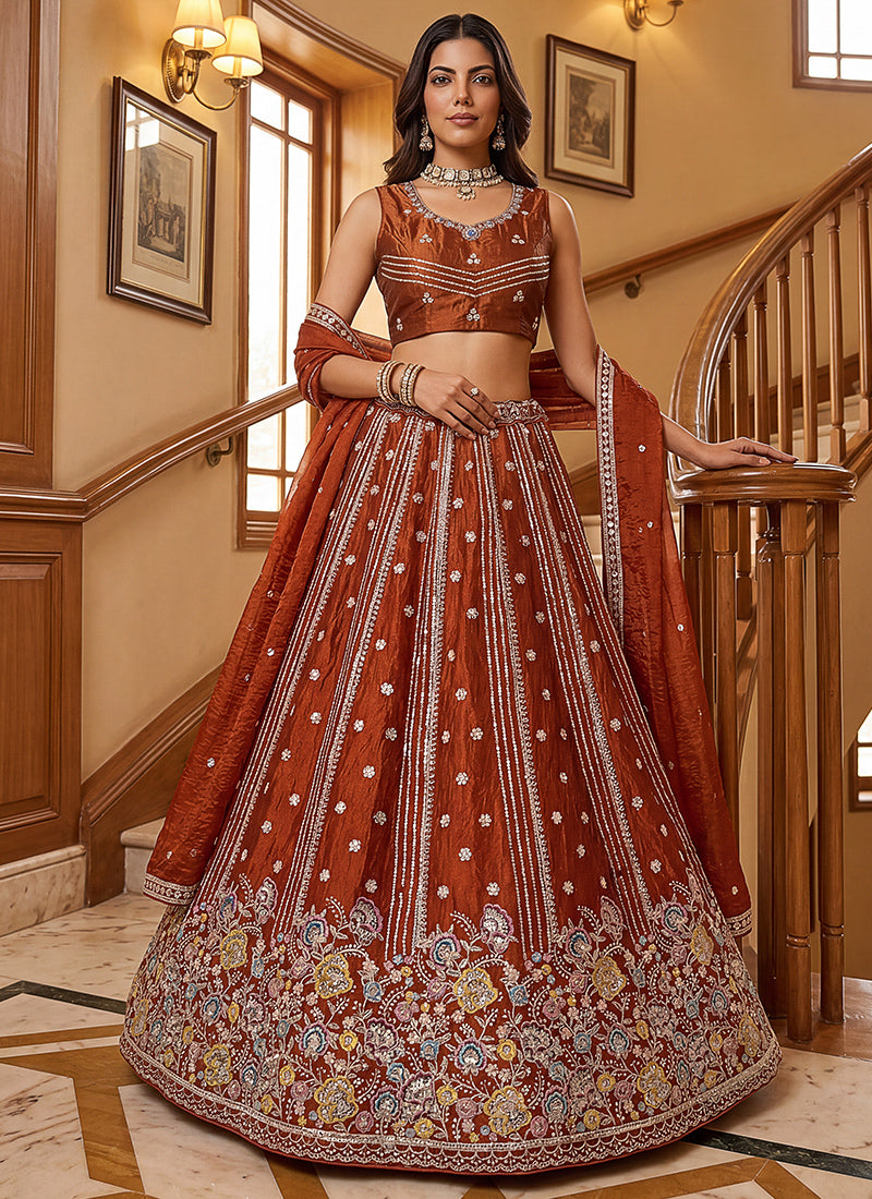 Rust Orange Organza Sequins Work Occasional Wear Lehenga Choli SW252431