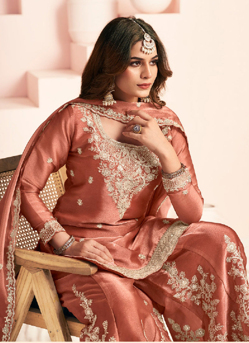Rust Orange Silk Embroidery Work Occasional Wear Readymade Plazzo Suit SW572219