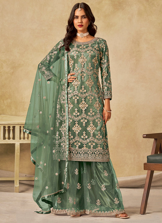 Net Sage Green Wedding Wear Embroidery Work Palazzo Suit 385170