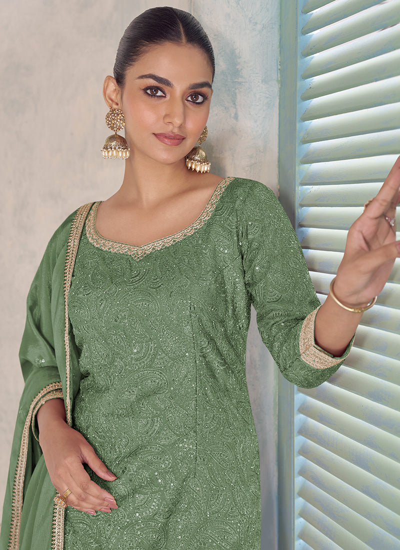 Sea Green Chinon Embroidery Work Wedding Wear Readymade Plazzo Suit SW803872