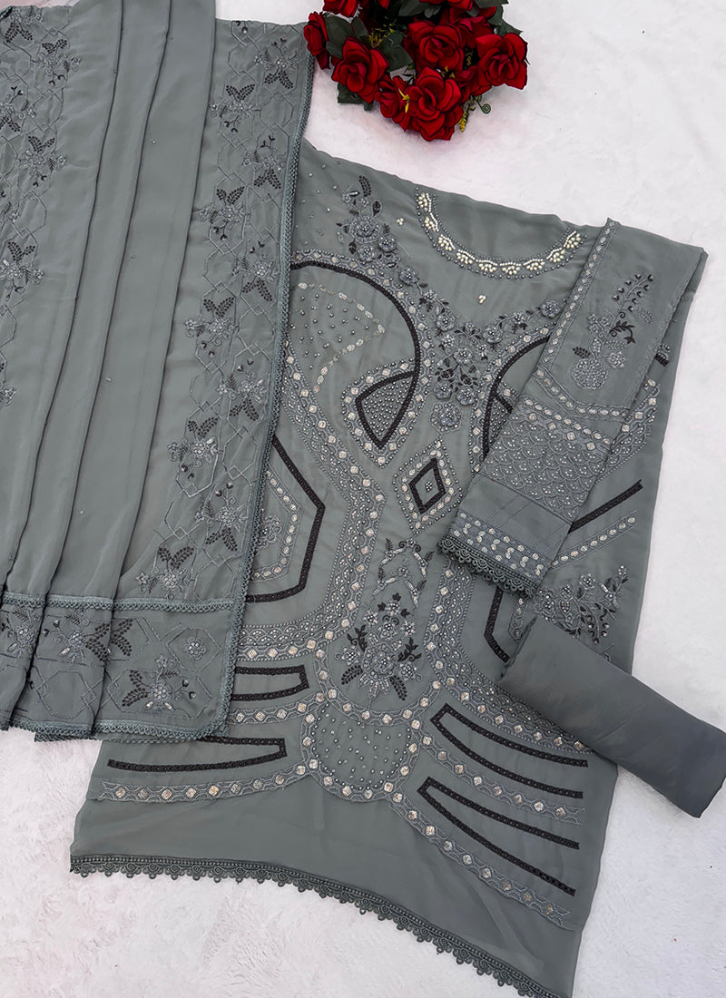 Faux Georgette Sea Green Eid Wear Embroidery Work Pakistani Suit 387660