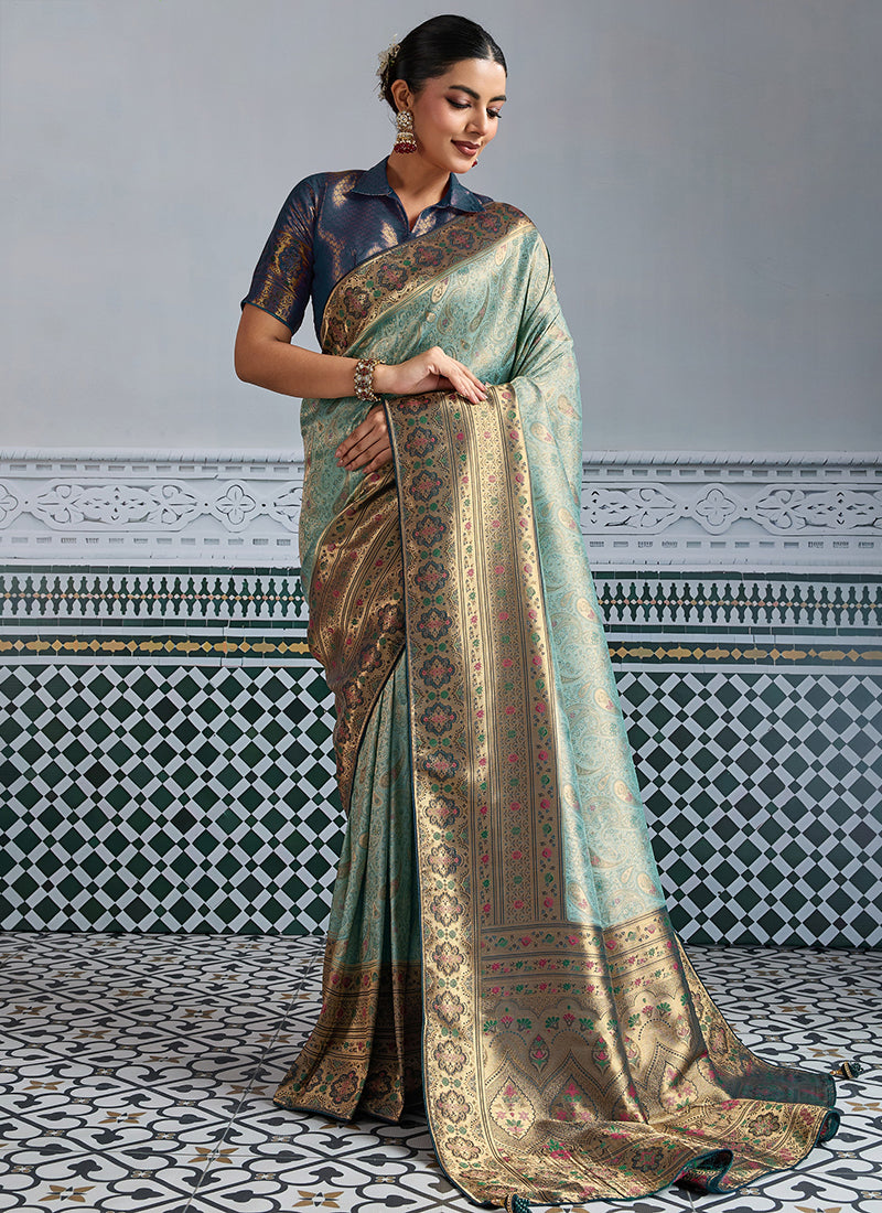 Kanjivaram Silk Sea Green Saree with Meenakari Work for Party Wear 383719
