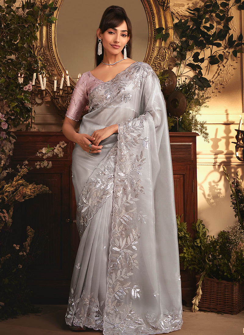 Tissue Organza Silver Saree with Sequin Work for Wedding Wear 383996