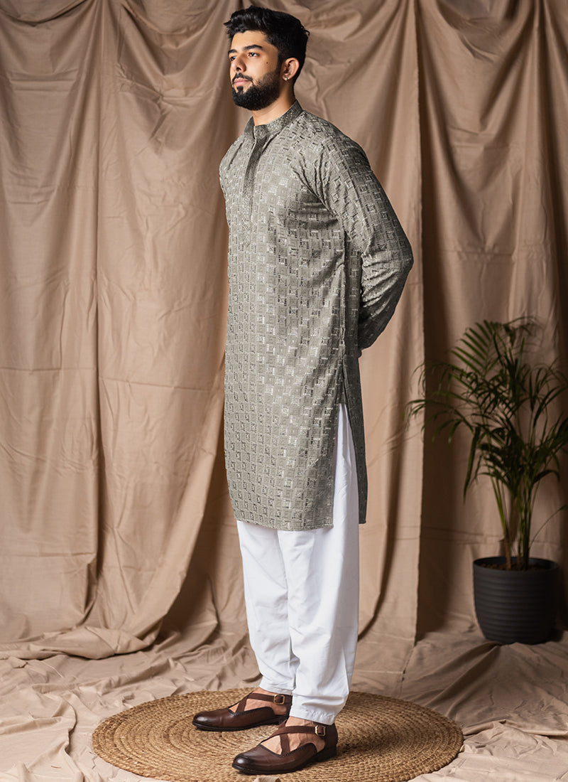 Silver Viscose Rayon Weaving Work Festival Wear Readymade Kurta Pajama SW543530