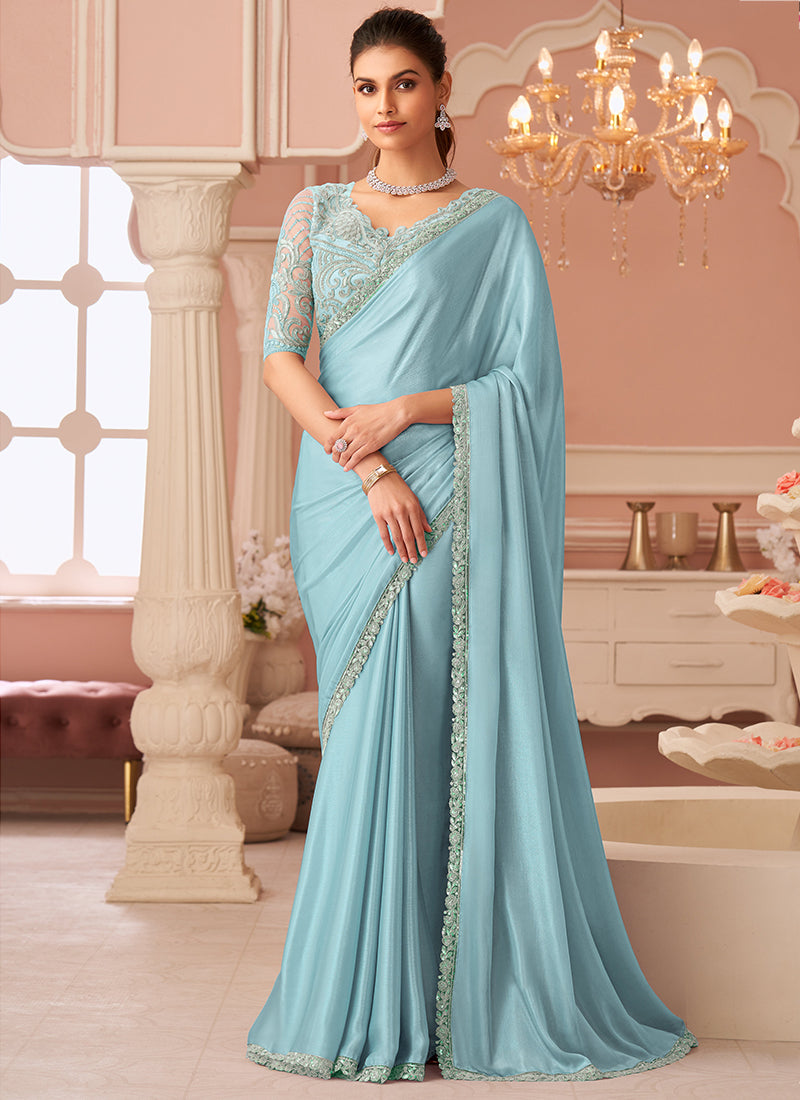 Chiffon Sky Blue Saree with Sequin Work for Occasional Wear 383769