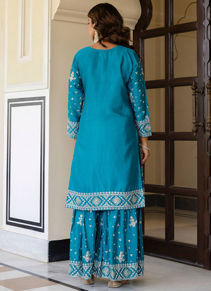 Sky Blue Chinon Silk Sequins Work Festival Wear Readymade Sharara Suit SW768671
