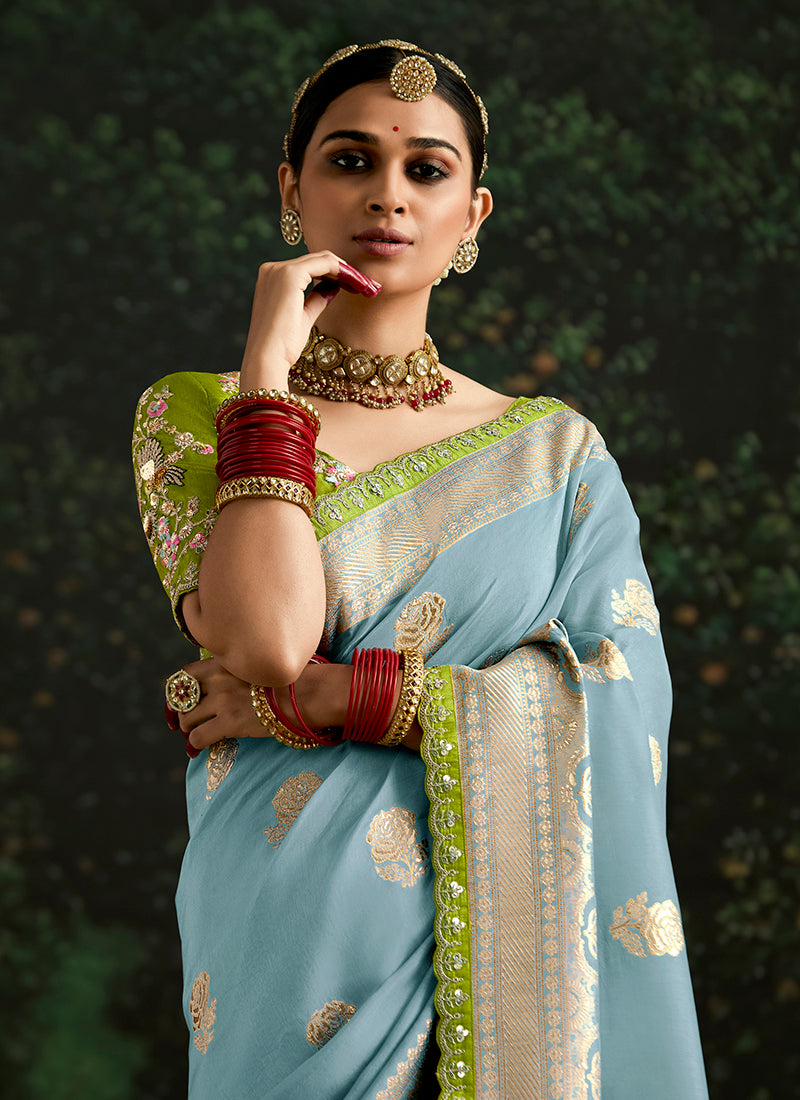 Sky Blue Dola Silk Embroidery Work Festival Wear Saree SW917936