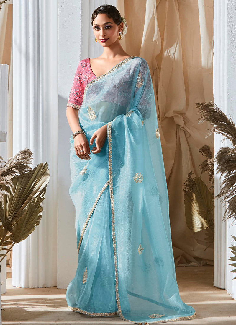 Fancy Sky Blue Bridal Wear Saree with Lace Work 381694