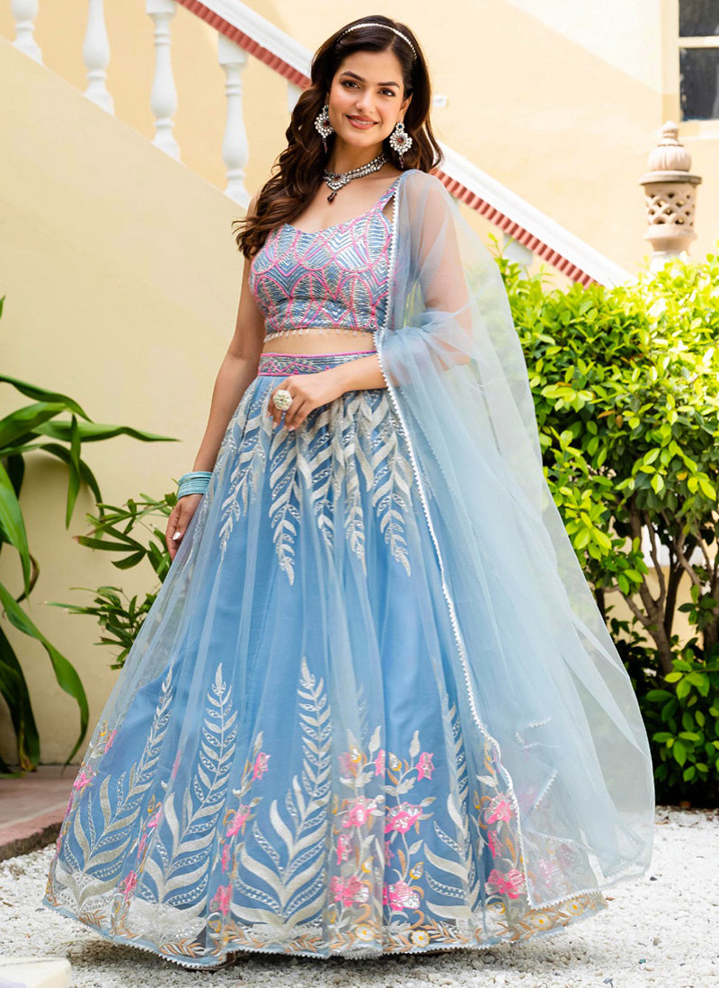 Net Sky Blue Occasional Wear Embroidery Work Lehenga Choli 385677