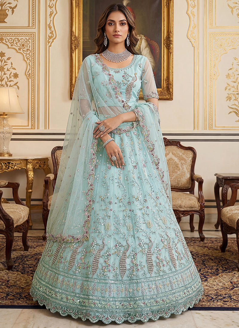 Sky Blue Net Embroidery Work Wedding Wear Lehenga Choli SW422607