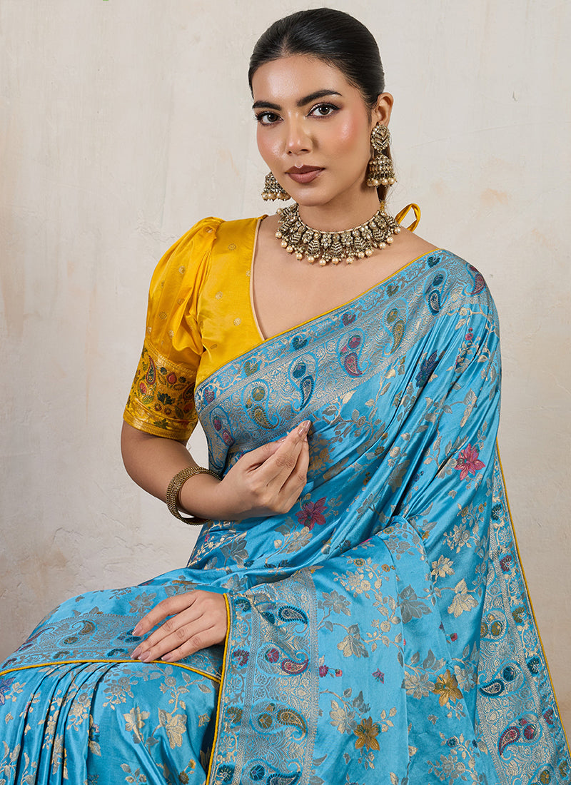 Sky Blue Satin Weaving Work Occasional Wear Saree SW904761