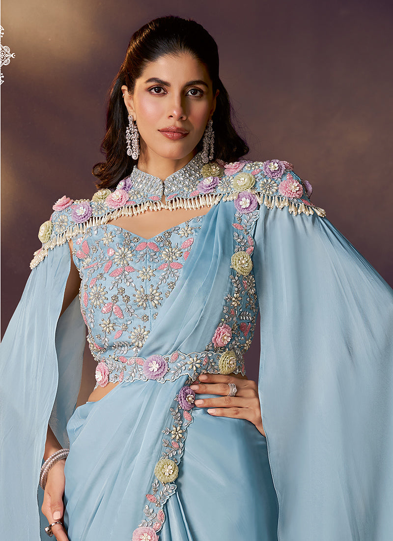 Satin Silk Sky Blue Wedding Wear Sequins Embroidery Ready To Wear Saree 386133