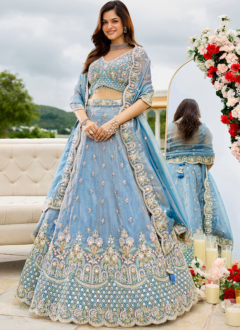 Satin Silk Sky Blue Wedding Wear Heavy Embroidery Readymade Lehenga Choli