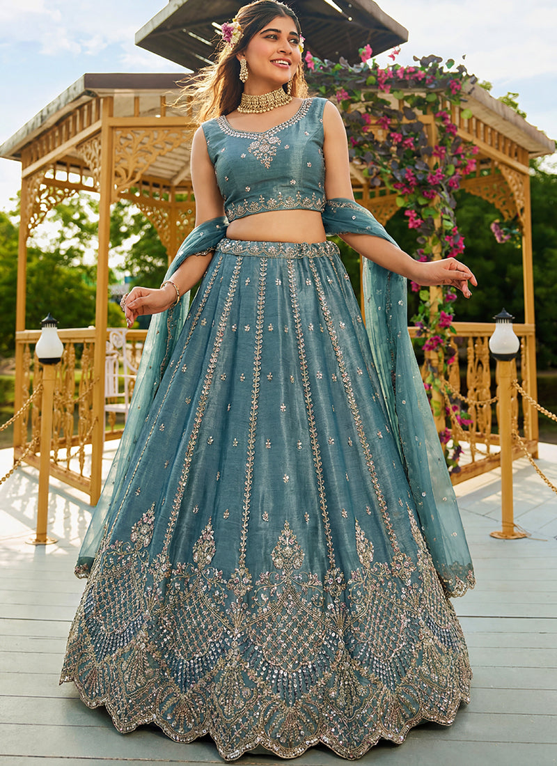 Sky Blue Satin Hand Work Wedding Wear Lehenga Choli SW271078