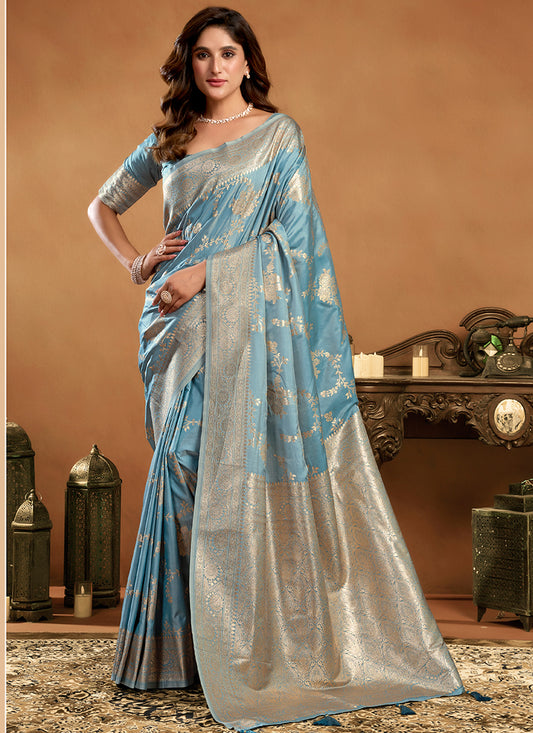 Silk Sky Blue Saree with Weaving Work for Party Wear 380347