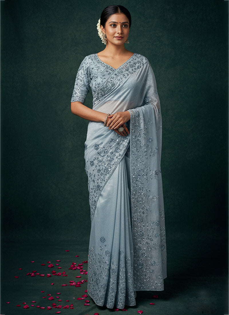 Tissue Silk Sky Blue Saree with Thread Embroidery Work for Wedding Wear 384485