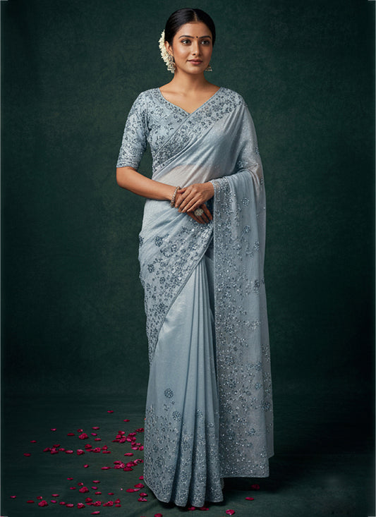 Tissue Silk Sky Blue Saree with Thread Embroidery Work for Wedding Wear 384485