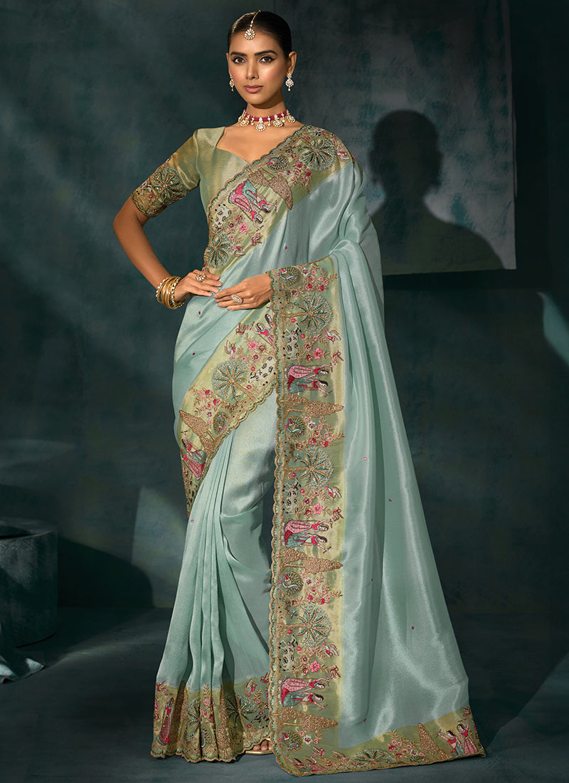 Ziraf Silk Sky Blue Designer Saree with Heavy Work for Bridal Wear 384681