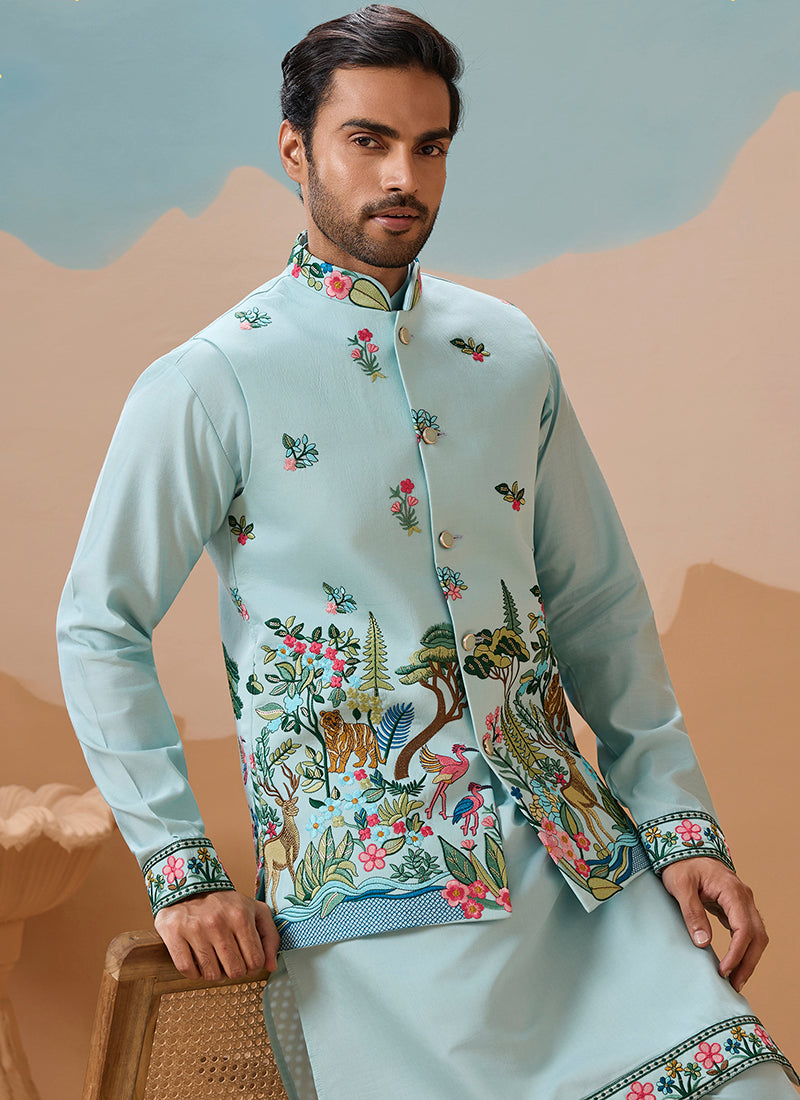 Viscose Silk Sky Festival Wear Sequins Embroidery Work Readymade Modi Jacket Kurta Pajama 388288