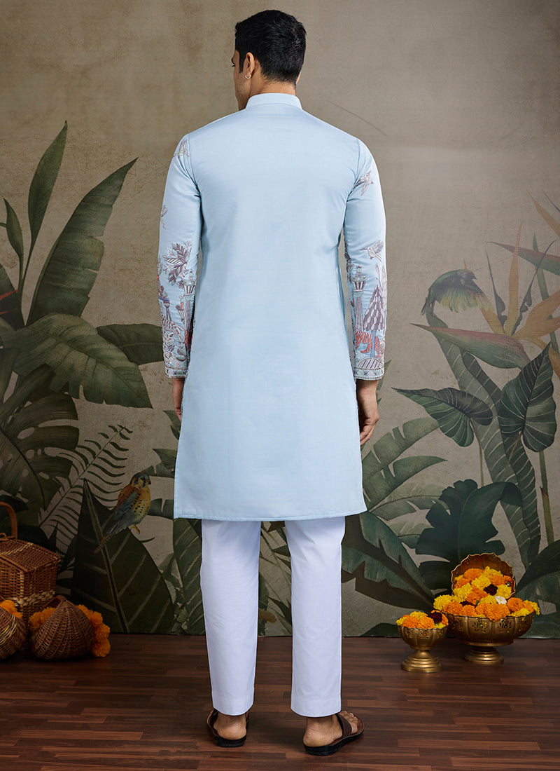 Viscose Silk Classic Sky Blue Traditional Thread Work Readymade Kurta