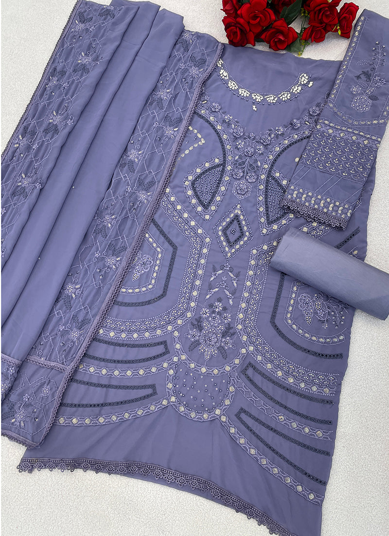 Faux Georgette Slate Blue Eid Wear Embroidery Work Pakistani Suit 387666