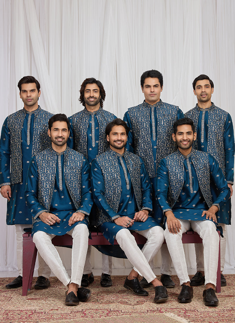 Teal Blue Art Banarasi Silk Patten Pcs Festival Wear Readymade Kurta Pajama With Jacket SW935772