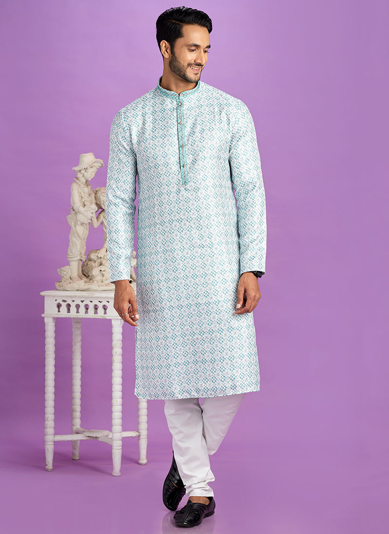 Teal Green Cotton Pintux Work Festival Wear Readymade Kurta Pajama SW256969