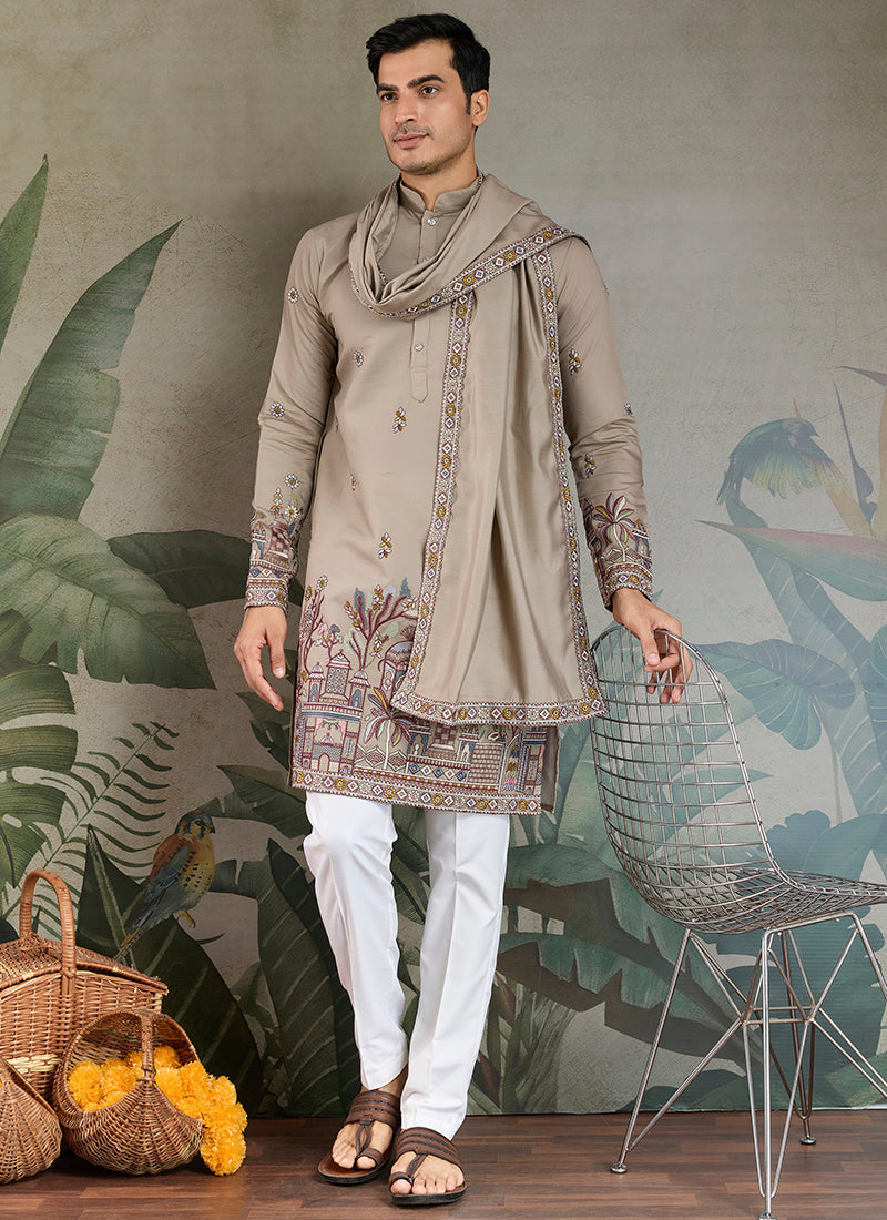 Viscose Silk Taupe Beige Party Wear Embroidery Work Readymade Kurta With Dupatta 377160