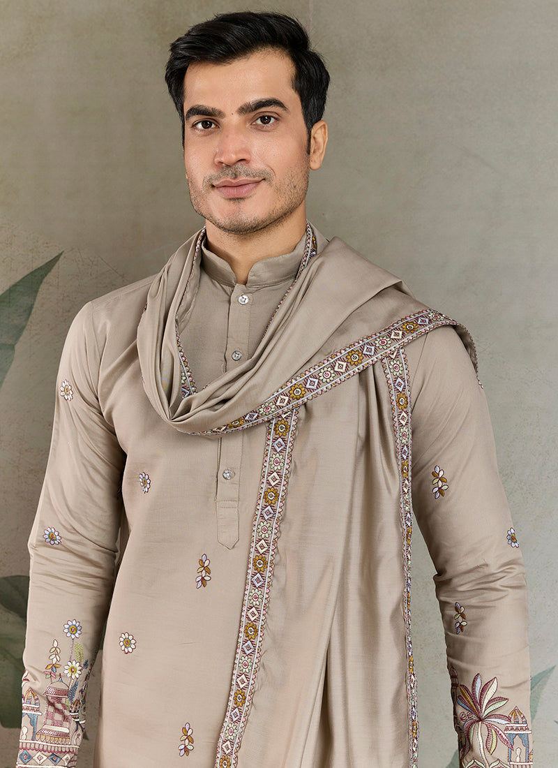 Viscose Silk Taupe Beige Party Wear Embroidery Work Readymade Kurta With Dupatta 377160