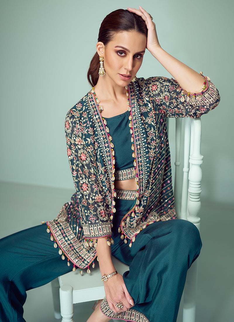 Teal Blue Chinon Embroidery Work Party Wear Readymade Plazzo Suit SW372418