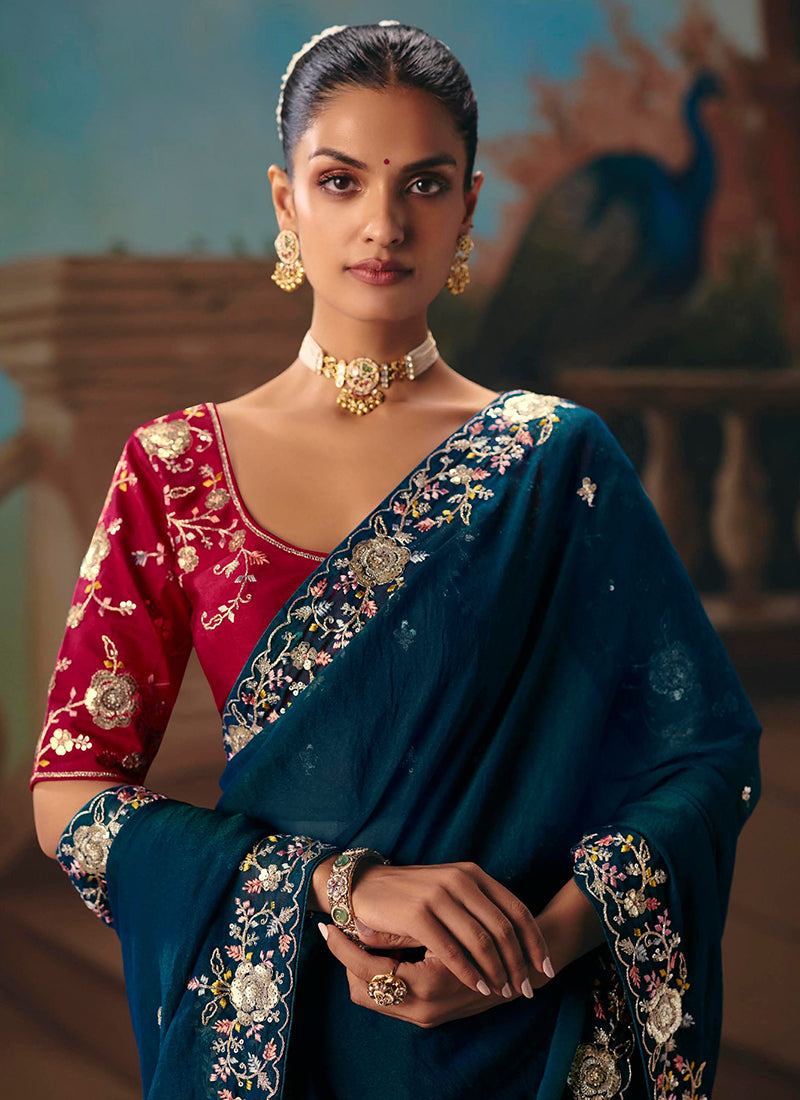 Teal Blue Fancy Sequins Work Wedding Wear Saree SW672289