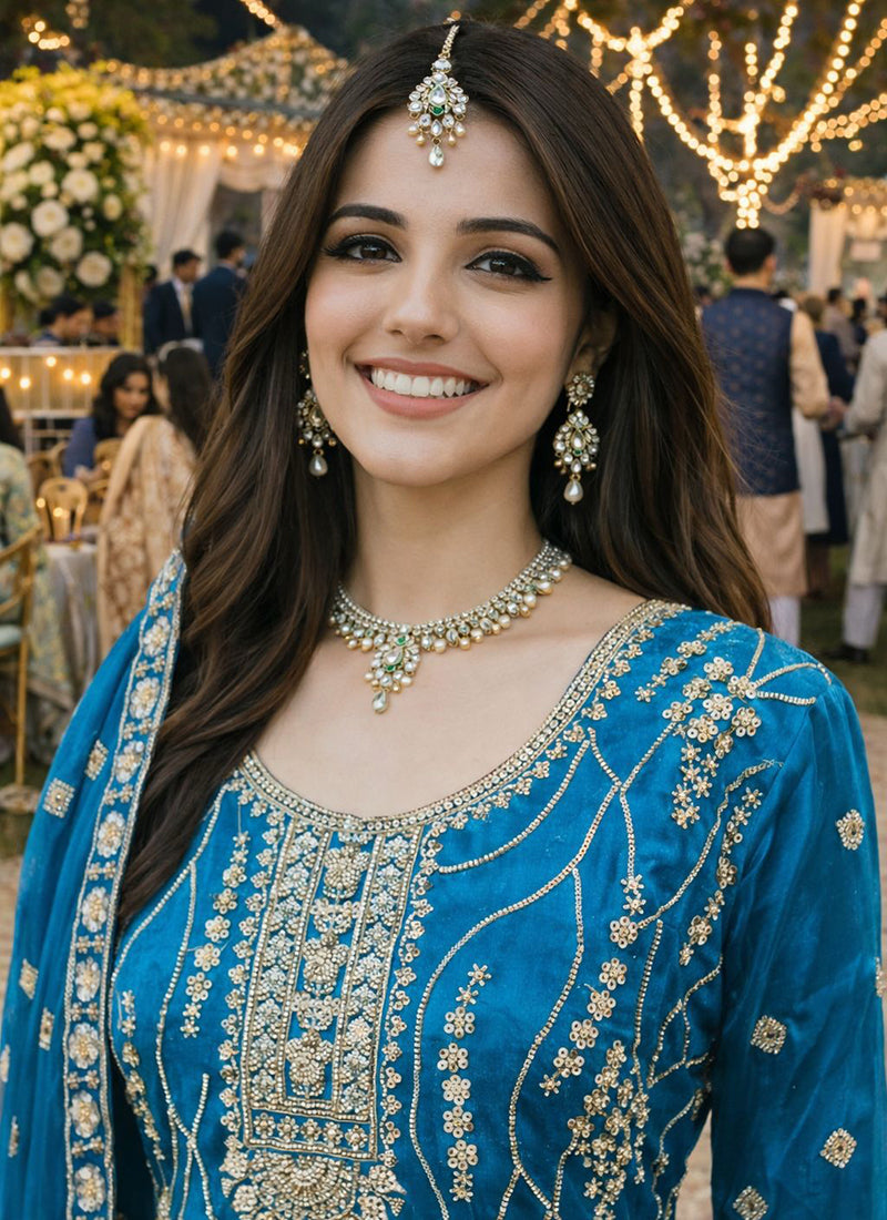 Teal Blue Fendy Silk Embroidery Work Festival Wear Readymade Plazzo Suit SW528057