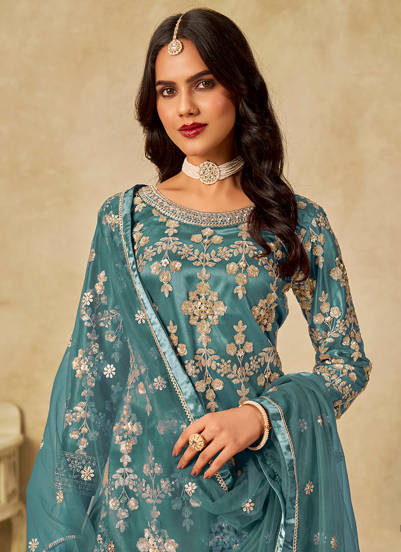 Net Teal Blue Wedding Wear Embroidery Work Palazzo Suit 385172