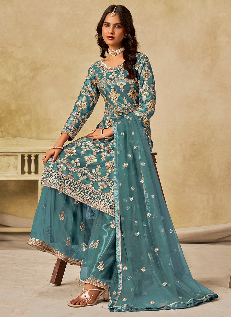 Net Teal Blue Wedding Wear Embroidery Work Palazzo Suit 385172