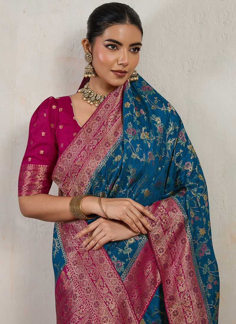 Teal Blue Satin Weaving Work Occasional Wear Saree SW380373