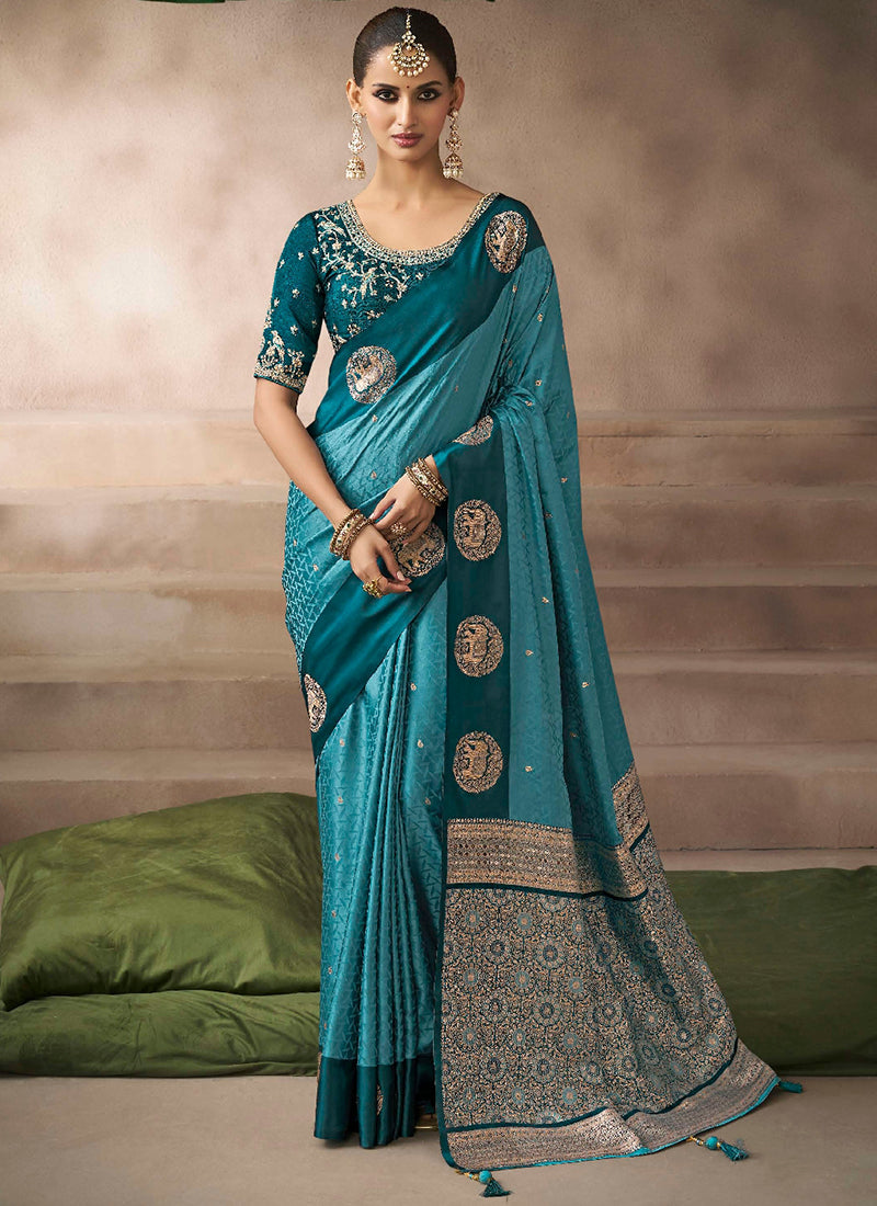 Satin Silk Teal Blue Saree with Zari Work for Wedding Wear 383507