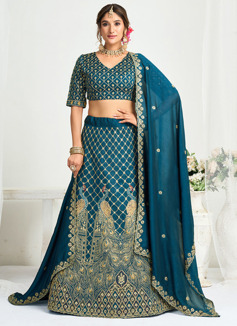 Silk Teal Blue Party Wear Zari Embroidery Work Lehenga Choli 386038