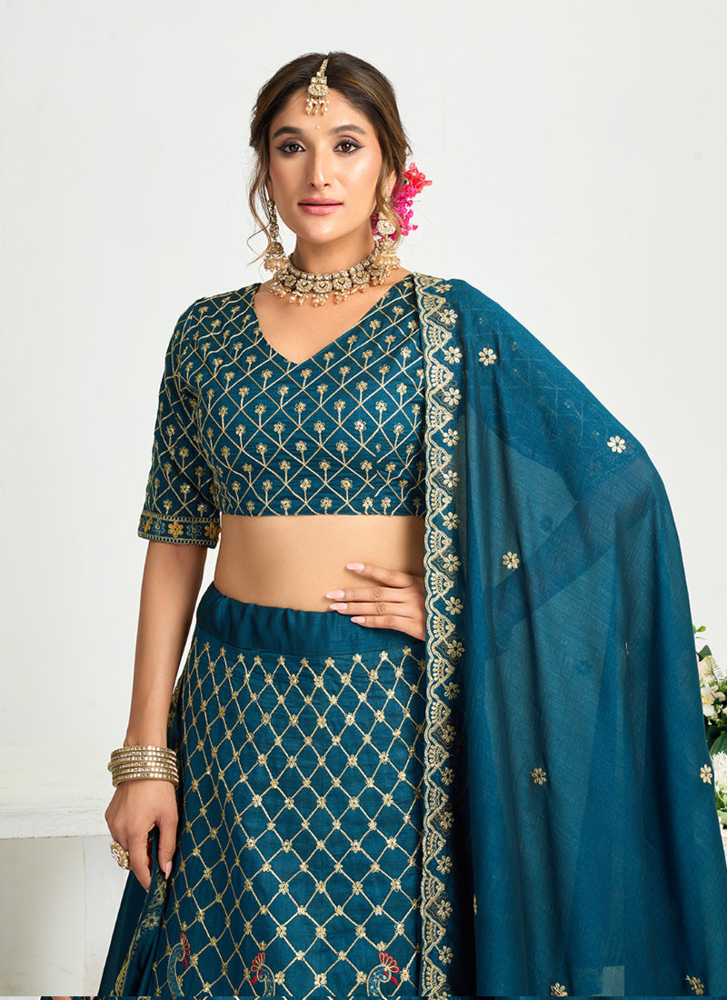Silk Teal Blue Party Wear Zari Embroidery Work Lehenga Choli 386038