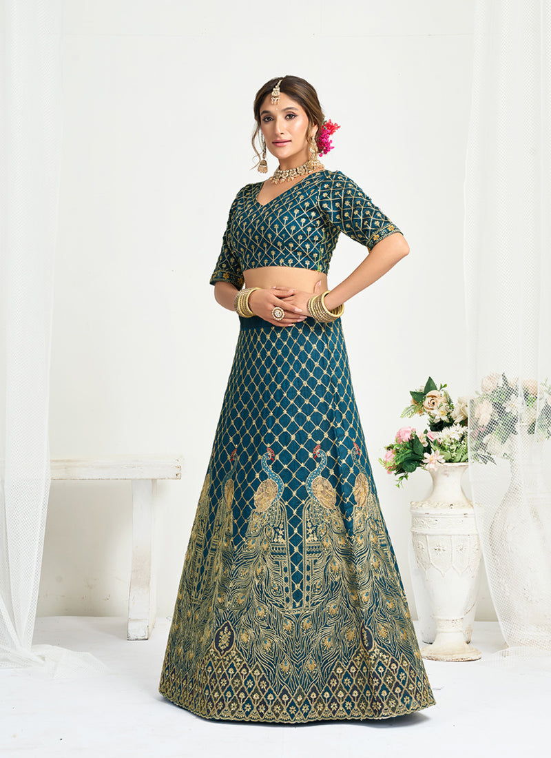 Silk Teal Blue Party Wear Zari Embroidery Work Lehenga Choli 386038
