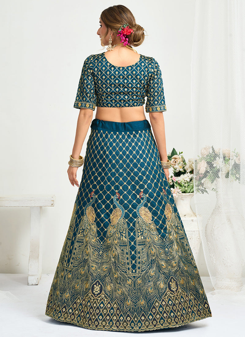 Silk Teal Blue Party Wear Zari Embroidery Work Lehenga Choli 386038