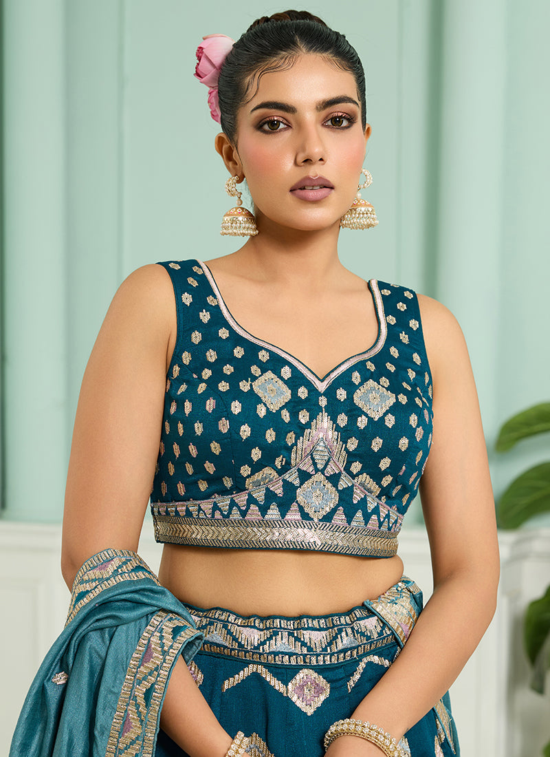 Silk Teal Blue Designer Wear Embroidery Work Lehenga Choli 385380