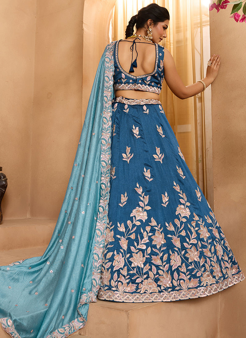 Silk Teal Blue Wedding Wear Embroidery Work Lehenga Choli 385385